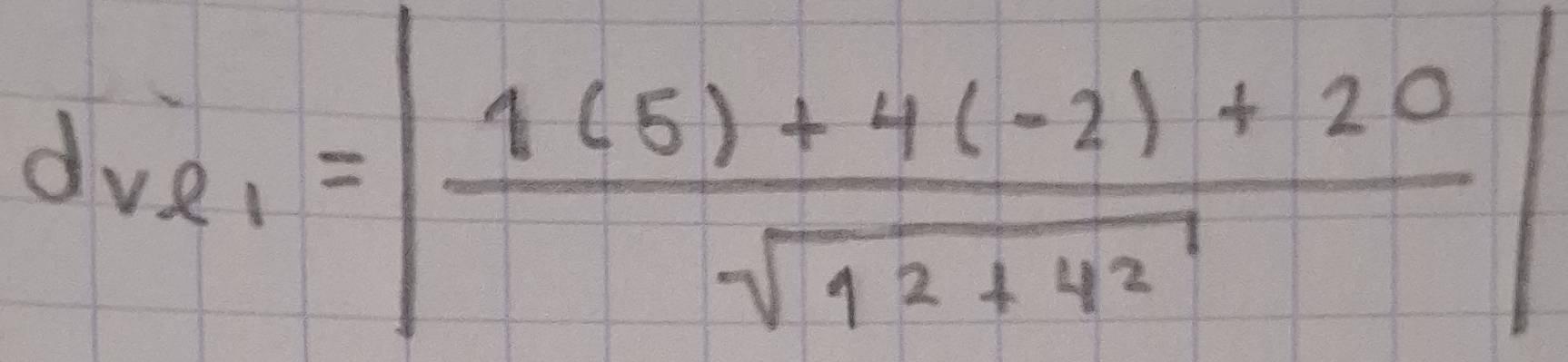 d_V21=||=beginvmatrix frac 1(5)+4(-2)+20sqrt(1^(+4^2))|