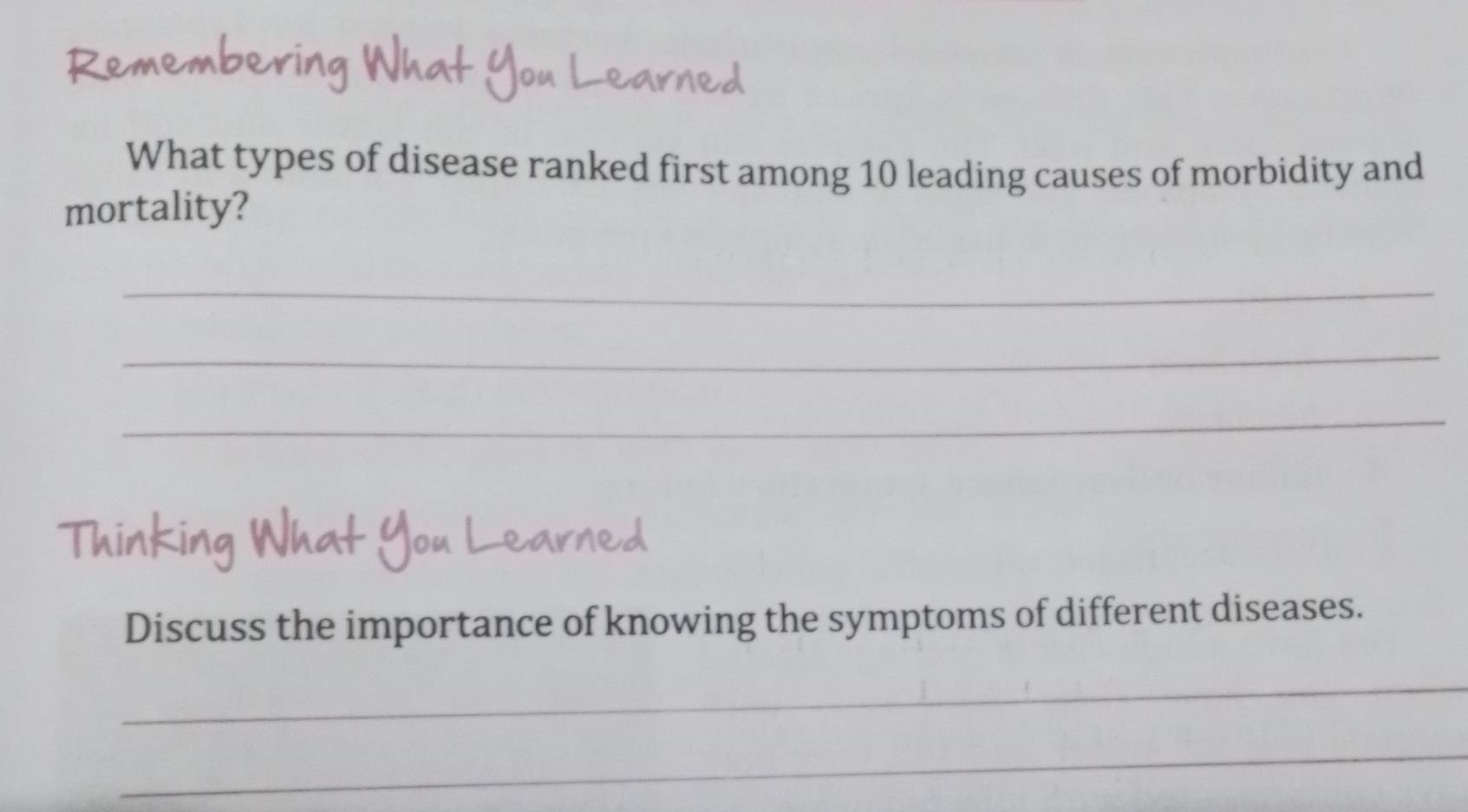 What types of disease ranked first among 10 leading causes of morbidity and 
mortality? 
_ 
_ 
_ 
Discuss the importance of knowing the symptoms of different diseases. 
_ 
_