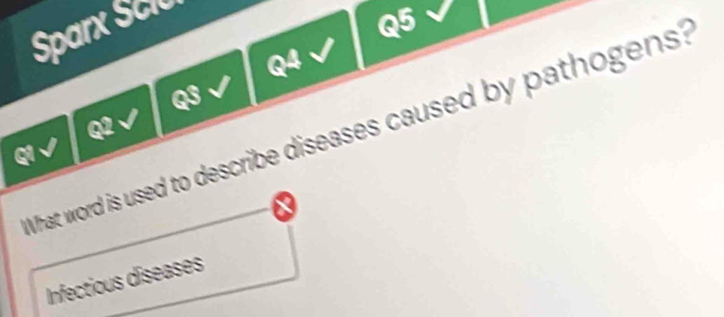 Sparx Scie
Q5
Q4 √
23
Q2 √
What word is used to describe diseases caused by pathogens?
q1√
Infectious diseases