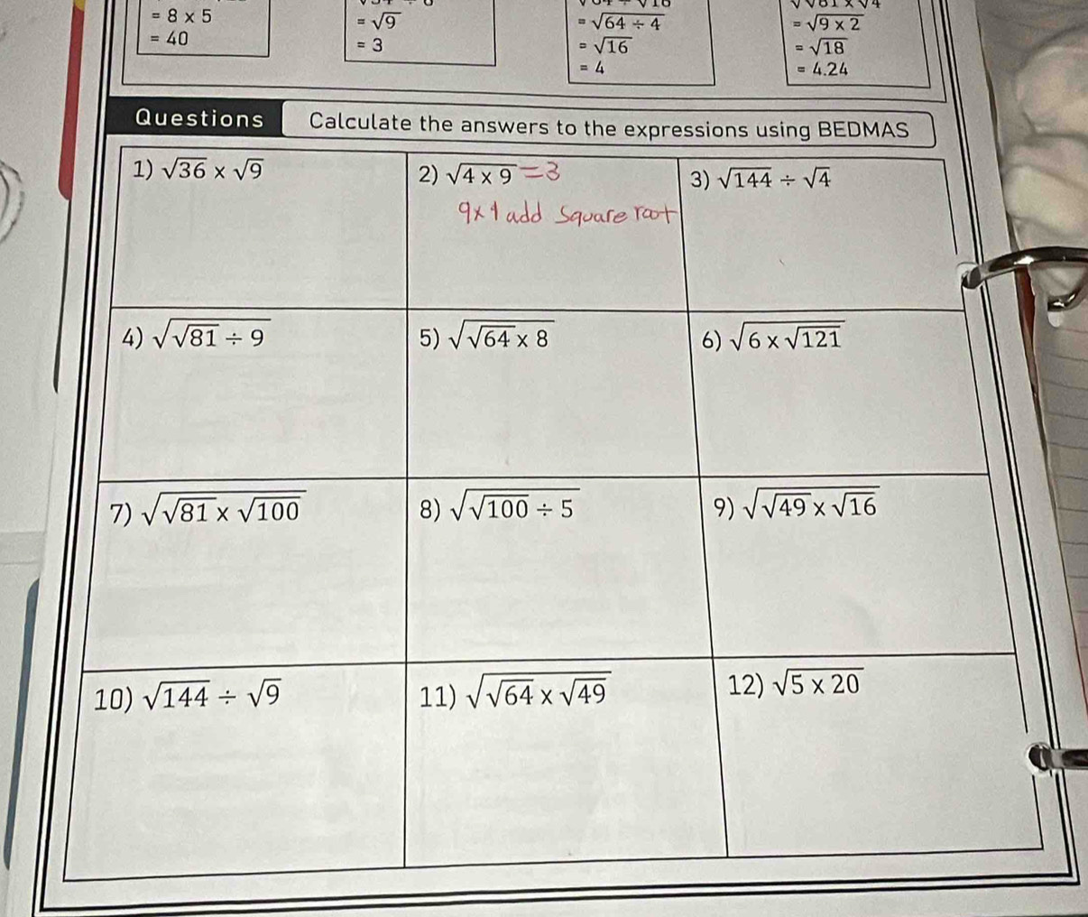 =8* 5
=sqrt(9)
=sqrt(64/ 4)
=sqrt(9* 2)
=40
=3
=sqrt(16)
=sqrt(18)
=4
=4.24