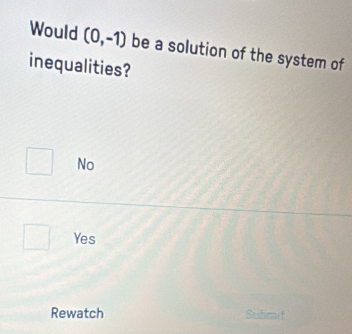 Would (0,-1) be a solution of the system of
inequalities?
No
Yes
Rewatch Submit