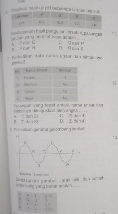 bau
ajikan hasil uji pH beberapa lar
Berdasarkan hasil pengujian tersebut, pasangan 11.
arutan yang bersifat basa adalah . . .
A P dan Q C. Q dan R
B P dan R D. R dan S
* Perhatikan data nama unsur dan simbolnya
benkut!
12.
Pasangan yang tepat antara nama unsur dan
simbolnya ditunjukkan oleh angka . . . .
A. 1) dan 2) C. 2) dan 4)
B. 2) dan 3) D. 3) dan 4)
8 Perhatikan gambar gelombang berikut!
13.
Ilustrator: Sumartono
Berdasarkan gambar, jarak titik, dan jumlah
gelombang yang benar adalah . . . .
A P - T 0.75
o - u 1
C. A - x 0.5
D T - V 0.25