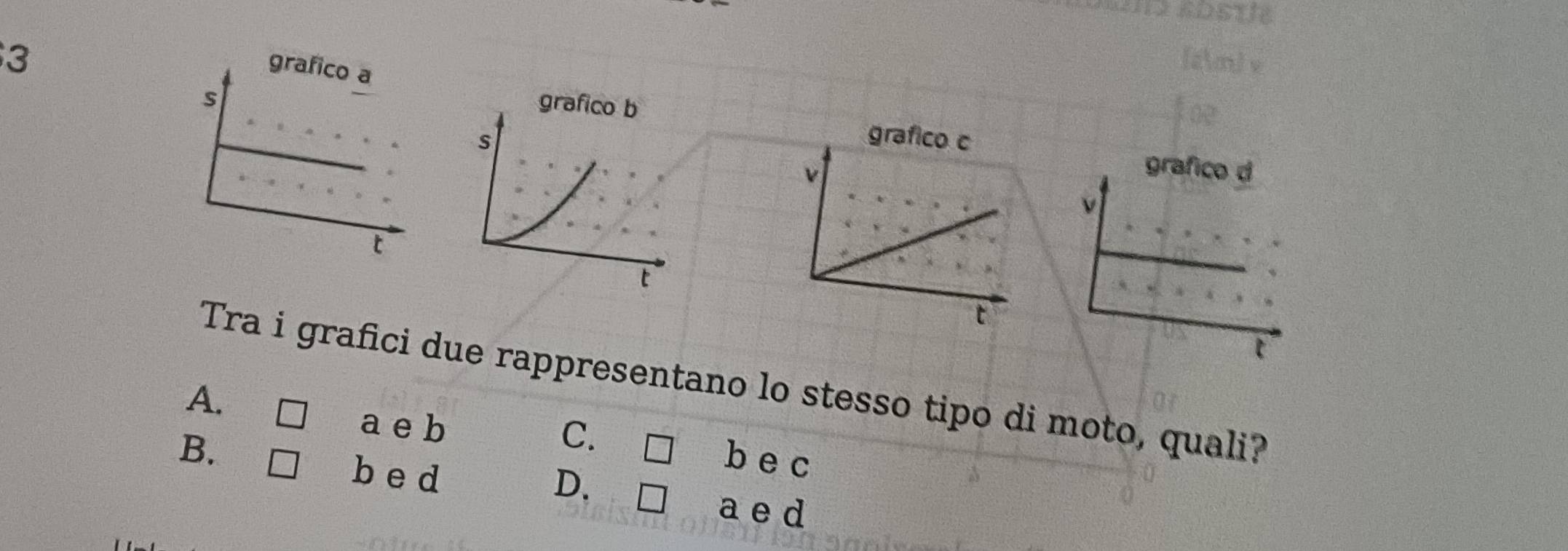 grafico c
ν
t
Tra i grafici due rappresentano lo stesso tipo di moto, quali?
A.
a e b b e c
B.
C.
D.
be d □ a e d