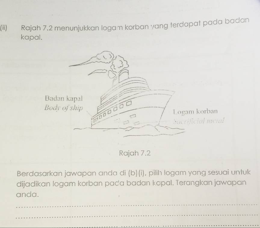 (ii) Rajah 7.2 menunjukkan logam korban yang terdapat pada badan 
kapal. 
Rajah 7.2 
Berdasarkan jawapan anda di (b)(i), pilih logam yang sesuai untuk 
dijadikan logam korban paca badan kapal. Terangkan jawapan 
anda. 
_ 
_ 
_