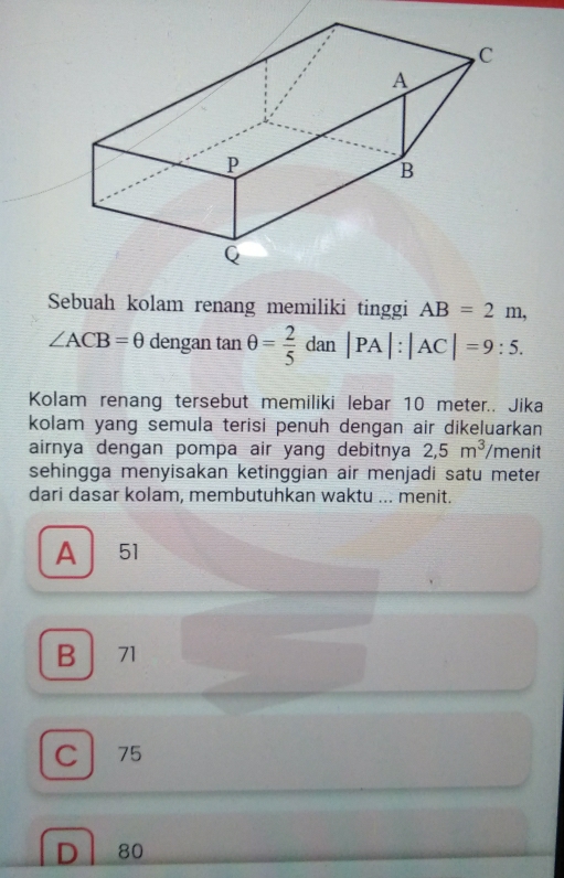 Sebuah kolam renang memiliki tinggi AB=2m,
∠ ACB=θ dengan tan θ = 2/5 dan|PA|:|AC|=9:5. 
Kolam renang tersebut memiliki lebar 10 meter.. Jika
kolam yang semula terisi penuh dengan air dikeluarkan
airnya dengan pompa air yang debitnya 2,5m^3 /menit
sehingga menyisakan ketinggian air menjadi satu meter
dari dasar kolam, membutuhkan waktu ... menit.
A 51
B 71
C 75
D 80