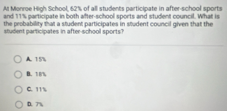 At Monroe High School, 62% of all students participate in after-school sports
and 11% participate in both after-school sports and student council. What is
the probability that a student participates in student council given that the
student participates in after-school sports?
A. 15%
B、 18%
C. 11%
D. 7%