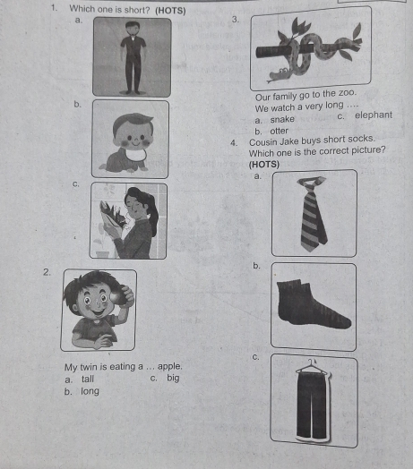 Which one is short? (HOTS)
a.
3.
Our family go
b. ....
We watch a very long
a. snake c. elephant
b. otter
4. Cousin Jake buys short socks.
Which one is the correct picture?
(HOTS)
a.
C.
2.
b.
C.
My twin is eating a ... apple.
a。tall c, big
b. long