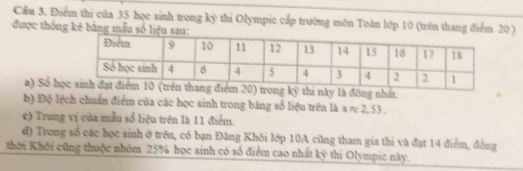 Cầu 3. Điểm thi của 35 học sinh trong kỳ thi Olympic cấp trường môn Toân lớp 10 (trên thang điể) 
được thống kê bằng mẫu 
a) Số họt. 
b) Độ lệch chuẩn điểm của các học sinh trong bảng số liệu trên là s ≈ 2, 53. 
c) Trung vị của mẫu sổ liệu trên là 11 điểm. 
d) Trong sổ các học sinh ở trên, có bạn Đăng Khôi lớp 10A cũng tham gia thi và đạt 14 điểm, đồng 
thời Khôi cũng thuộc nhóm 25% học sinh có sổ điểm cao nhất kỳ thi Olympic này.