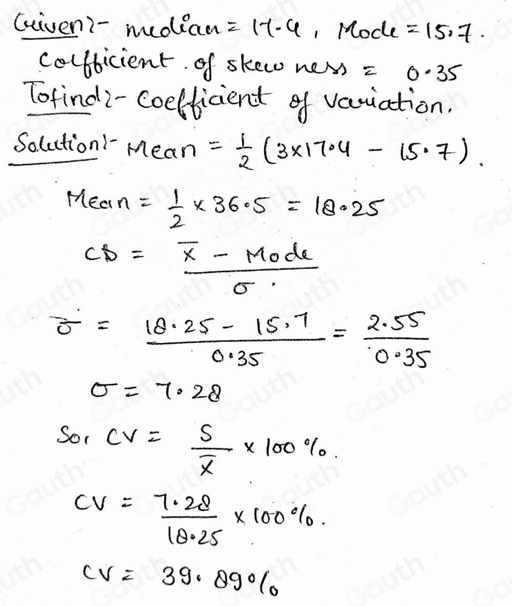 Solved: The median, mode and coefficient of skewness for a certain ...