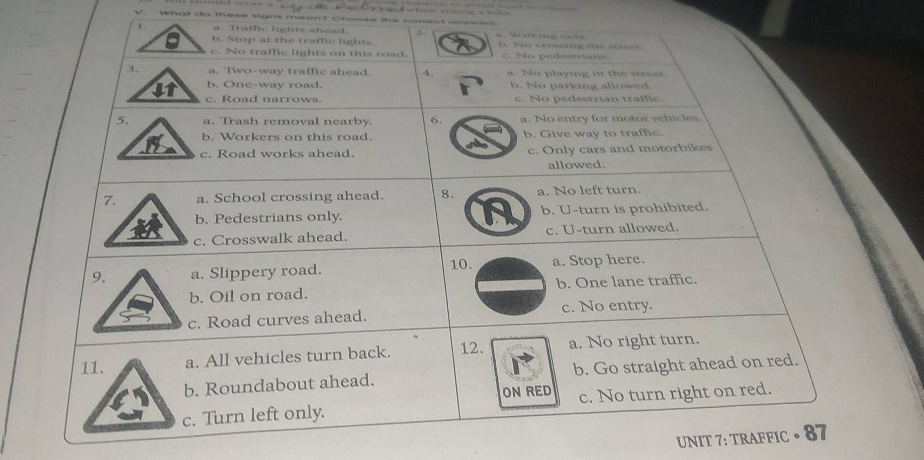 What do these signs mean? Choose the corect answer
1 a. Traflic lights ahead. alkng o n l 
b. Stop at the traffic lights. b. No croasing the street
c. No traffic lights on this road. c. No pedestrians.
a. Two-way traffic ahead. 4. a. No playing in the street
b. One-way road. b. No parking allowed.
c. Road narrows. c. No pedestrian traffic.
a. Trash removal nearby. 6. a. No entry for motor vehicles.
b. Workers on this road. b. Give way to traffic.
c. Road works ahead. c. Only cars and motorbikes
allowed.
8.
a. School crossing ahead. a. No left turn.
b. Pedestrians only. b. U-turn is prohibited.
c. Crosswalk ahead. c. U-turn allowed.
a. Stop here.
a. Slippery road.
10.
b. Oil on road. b. One lane traffic.
c. Road curves ahead. c. No entry.
12.
11. a. All vehicles turn back. a. No right turn.
b. Roundabout ahead. b. Go straight ahead on red.
ON RED
c. Turn left only. c. No turn right on red.
UNIT 7: TRAFFIC • 87