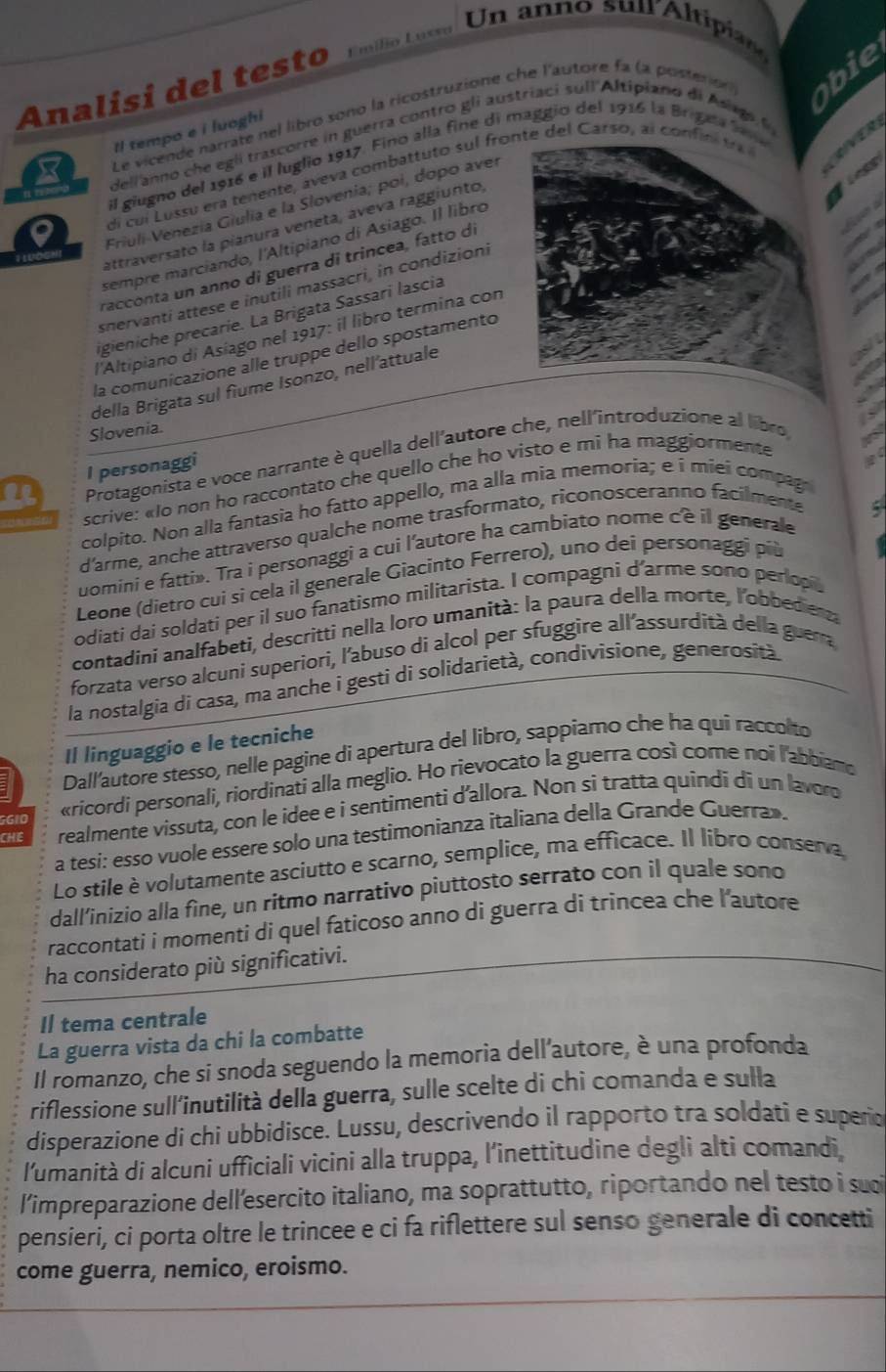 Analisi del testo Emílio Lussa
Un anno suu Altipian
Le vicende narrate nel libro sono la ricostruzione che l'autore fa (a posterio obie
Il tempo e i luoghi
dell anno che egli trascorre in guerra contro gli austriaci sull Altipiano di A da 
IVER
il giugno del 1916 e il luglio 1917. Fino alla fine di maggio del 1916 la Brigna   
di cul Lussu era tenente, aveva combattuto sul fronte del Carso, al confin  t 
Friuli-Venezía Giulía e la Slovenia; poi, dopo aver
R n d
attraversato la pianura veneta, aveva raggiunto,
sempre marciando, l'Altipiano di Asiago. Il libro
racconta un anno di guerra di trincea, fatto di
snervanti attese e inutili massacri, in condizioni
igieniche precarie. La Brigata Sassari lascia
l'Altipiano di Asíago nel 1917: il libro termina con
la comunicazione alle truppe dello spostamento
della Brigata sul fiume Isonzo, nell'attuale
Slovenia.
Le Protagonista e voce narrante è quella dell'autore che, nell'introduzione al libro
I personaggi
scrive: «Io non ho raccontato che quello che ho visto e mi ha maggiormente
colpito. Non alla fantasia ho fatto appello, ma alla mia memoria; e i miei compag
d'arme, anche attraverso qualche nome trasformato, riconosceranno facilmente
uomini e fatti». Tra i personaggi a cui l'autore ha cambiato nome ce il generale
Leone (dietro cui si cela il generale Giacinto Ferrero), uno dei personaggi più
odiati dai soldati per il suo fanatismo militarista. I compagni d'arme sono perlopi
contadini analfabetì, descritti nella loro umanità: la paura della morte, l'obbedienta
forzata verso alcuni superiori, l'abuso di alcol per sfuggire all'assurdità della guerra
la nostalgia di casa, ma anche i gesti di solidarietà, condivisione, generosità
Il linguaggio e le tecniche
Dall'autore stesso, nelle pagine di apertura del libro, sappiamo che ha qui raccolto
«ricordi personali, riordinati alla meglio. Ho rievocato la guerra così come noi l'abbiamo
CHE realmente vissuta, con le idee e i sentimenti d'allora. Non sí tratta quindi di un lavoro
a tesi: esso vuole essere solo una testimonianza italiana della Grande Guerra  .
Lo stile è volutamente asciutto e scarno, semplice, ma efficace. Il libro conserva,
dall’inizio alla fine, un ritmo narrativo piuttosto serrato con il quale sono
raccontati i momenti di quel faticoso anno di guerra di trincea che l’autore
ha considerato più significativi.
Il tema centrale
La guerra vista da chi la combatte
Il romanzo, che si snoda seguendo la memoria dell'autore, è una profonda
riflessione sull’inutilità della guerra, sulle scelte di chi comanda e sulla
disperazione di chi ubbidisce. Lussu, descrivendo il rapporto tra soldati e superio
l'umanità di alcuni ufficiali vicini alla truppa, l’inettitudine degli alti comandi
l’impreparazione dell’esercito italiano, ma soprattutto, riportando nel testo i sugi
pensieri, ci porta oltre le trincee e ci fa riflettere sul senso generale di concetti
come guerra, nemico, eroismo.