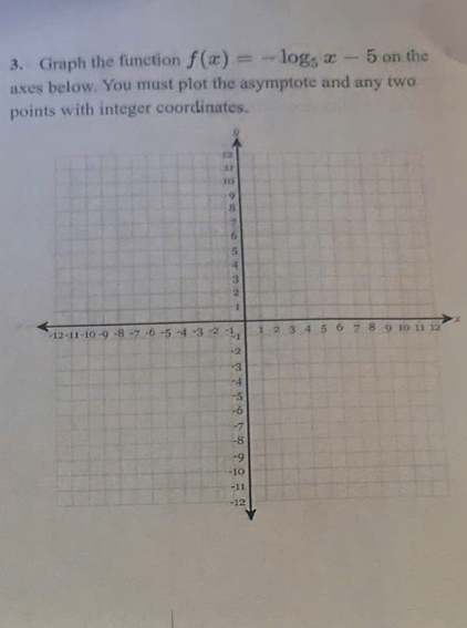 Graph the function f(x)=-log _5x-5 on the 
axes below. You must plot the asymptote and any two 
points with integer coordinates.
X