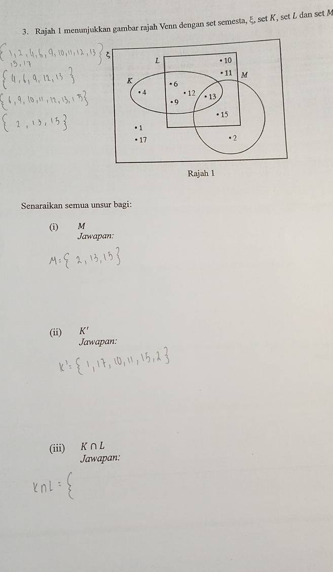 Rajah 1 menunjukkan gambar rajah Venn dengan set semesta, ξ, set K, set L dan set M
Senaraikan semua unsur bagi: 
(i) M
Jawapan: 
(ii) K'
Jawapan: 
(iii) K∩L
Jawapan: