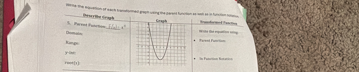 Write the equation of each transformed graph using the parent function as well as in function notation, 
Describe Graph 
Transformed Function 
_ 
5. Parent Function: x
Domain: 
Write the equation using: 
Range: 
Parent Function:
y -int: 
In Function Notation 
root(s):