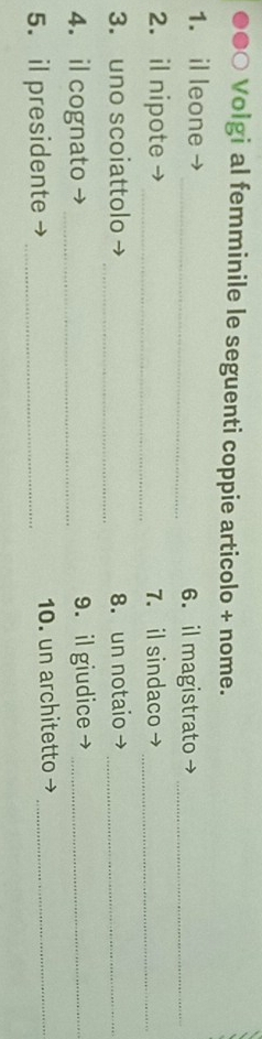 Volgi al femminile le seguenti coppie articolo + nome. 
1. il leone _6.il magistrato_ 
2. il nipote _7. il sindaco_ 
_ 
3. uno scoiattolo 8. un notaio_ 
4. il cognato _9. il giudice_ 
5. il presidente _10. un architetto_