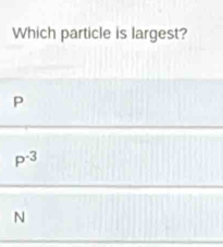 Which particle is largest?
P
P^(-3)
N