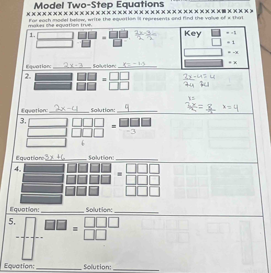 Model Two-Step Equations
× × x x x x x  × x * * * * * * * * * * * * * * * * * * * x × x x x x x xx
For each model below, write the equation it represents and find the value of x that
makes the equation true.
1. □  □ □ /□^-  I Key □ =-1
=
□
□ =1
□  □ =-x
=x
Equation: _Solution:_
2.
- =beginarrayr □ □  □ □ endarray
Equation: _Solution:_
3.
= □ □ □
-3
b
Equation: _Solution:_
Equation: _Solution:_
5. | □ = □ □ □ /□ □  
1
Equation:_ Solution:_