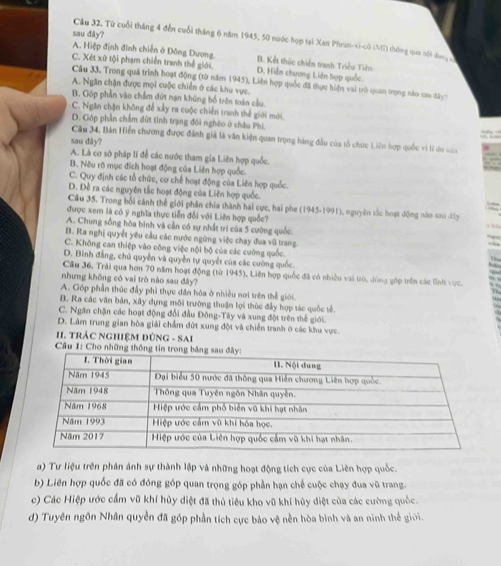 sau đày?
Câu 32. Từ cuối tháng 4 đến cuối tháng 6 năm 1945, 50 nước họp tại Xan Phran-xi-cô (Mĩ) thông qua nội dụng A
A. Hiệp định đình chiến ở Đông Dương. B. Kết thúc chiến tranh Triều Tiên:
C. Xét xữ tội phạm chiến tranh thế giới. D. Hiến chương Liên hợp quốc.
Câu 33. Trong quá trình hoạt động (từ năm 1945), Liên hợp quốc đã thực hiện vai trò quan trọng nào sau đây
A. Ngăn chặn được mọi cuộc chiến ở các khu vực.
B. Góp phần vào chẩm dứt nạn khủng bố trên toàn cầu.
C. Ngân chặn không để xấy ra cuộc chiến tranh thể giới mới.
D. Góp phần chẩm dứt tỉnh trạng đôi nghệo ở châu Phi
Câu 34, Bản Hiến chương được đánh giả là văn kiện quan trọng háng đầu của tổ chức Liên hợp quốc vì lí do nào
sau dây?
A. Là cơ sở pháp lí để các nước tham gia Liên hợp quốc.
B. Nều rõ mục đích hoạt động của Liên hợp quốc.
C. Quy định các tổ chức, cơ chế hoạt động của Liên hợp quốc.
D. Đề ra các nguyên tắc hoạt động của Liên hợp quốc.
Las
Câu 35. Trong bối cảnh thể giới phân chia thành hai cực, hai phe (1945-1991), nguyên tắc hoạt động nào sau đây s 14
được xem là có ý nghĩa thực tiễn đối với Liên hợp quốc?
A. Chung sống hòa bình và cần có sự nhất trí của 5 cường quốc. « o
B. Ra nghị quyết yêu cầu các nước ngừng việc chạy đua vũ trang.
C. Không can thiệp vào công việc nội bộ của các cường quốc. qué
T
D. Bình đẳng, chủ quyền và quyền tự quyết của các cường quốc.
hao
Câu 36. Trải qua hơn 70 năm hoạt động (từ 1945), Liên hợp quốc đã có nhiều vai trò, dông góp trên các lĩnh vực.      
nhưng không có vai trò nào sau đây?

A. Góp phần thúc đầy phi thực dân hóa ở nhiều nơi trên thể giới.
Th
B. Ra các văn bản, xây dựng môi trường thuận lợi thúc đầy hợp tác quốc tế.
C. Ngăn chặn các hoạt động đổi đầu Đông-Tây và xung đột trên thể giới.
D. Làm trung gian hòa giải chẩm dứt xung đột và chiến tranh ở các khu vực.
II. TRÁC NGHIệM ĐÚNG - SAi
Câu 1: Cho những thông tin 
a) Tư liệu trên phản ánh sự thành lập và những hoạt động tích cực của Liên hợp quốc.
b) Liên hợp quốc đã có đóng góp quan trọng góp phần hạn chế cuộc chạy đua vũ trang.
c) Các Hiệp ước cấm vũ khí hủy diệt đã thủ tiêu kho vũ khí hủy diệt của các cường quốc.
d) Tuyên ngôn Nhân quyền đã góp phần tích cực bảo vệ nền hòa bình và an ninh thể giới.