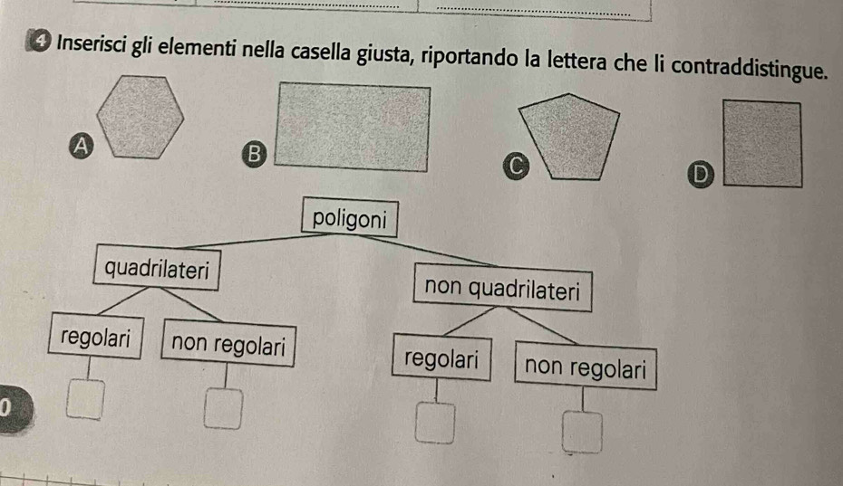 Inserisci gli elementi nella casella giusta, riportando la lettera che li contraddistingue.
B
D
poligoni
quadrilateri non quadrilateri
regolari non regolari
regolari non regolari
0