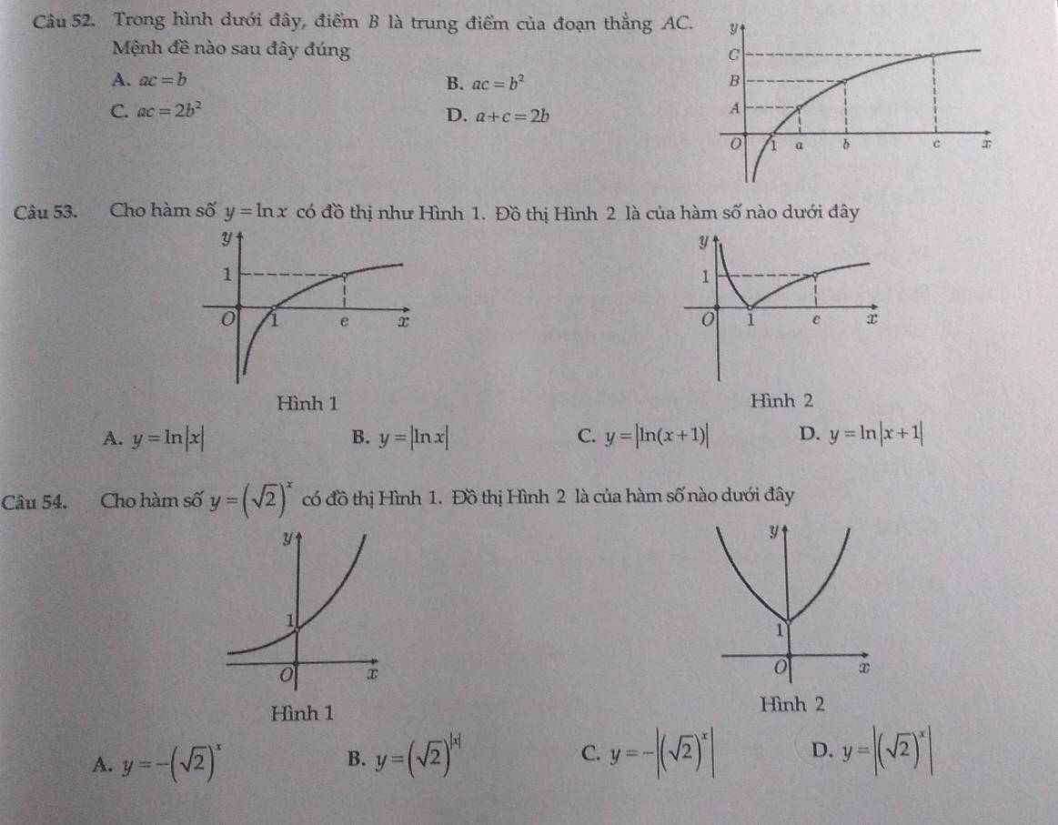 Trong hình dưới đây, điểm B là trung điểm của đoạn thẳng AC.
Mệnh đề nào sau đây đúng
A. ac=b B. ac=b^2
C. ac=2b^2
D. a+c=2b
Câu 53. Cho hàm số y=ln x có đồ thị như Hình 1. Đồ thị Hình 2 là của hàm 9 c ố nào dưới đây

Hình 2
A. y=ln |x| B. y=|ln x| C. y=|ln (x+1)| D. y=ln |x+1|
Câu 54. Cho hàm số y=(sqrt(2))^x có đồ thị Hình 1. Đồ thị Hình 2 là của hàm số nào dưới đây
Hình 1 Hình 2
A. y=-(sqrt(2))^x y=(sqrt(2))^|x|
B.
C. y=-|(sqrt(2))^x| D. y=|(sqrt(2))^x|