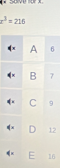 Solve for X.
x^3=216
× A 6
× B 7
C 9
× D 12
× E 16