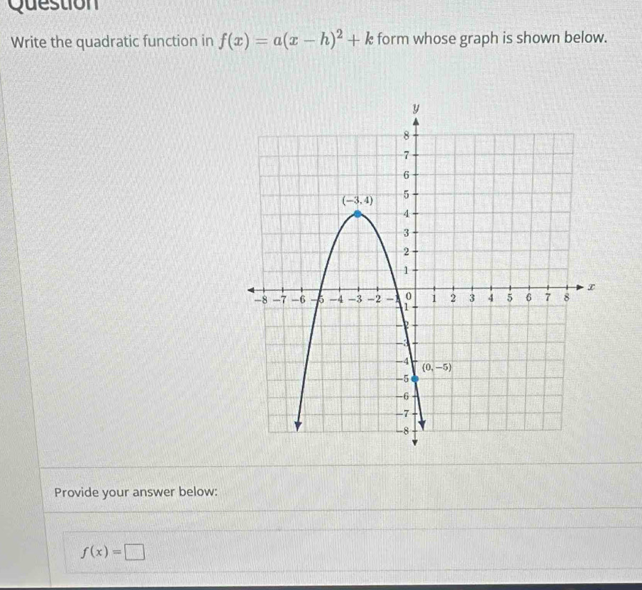 Question
Write the quadratic function in f(x)=a(x-h)^2+k form whose graph is shown below.
Provide your answer below:
f(x)=□