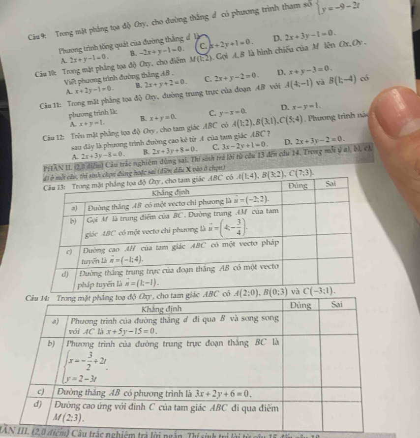 Trong mặt phẳng tọa độ Oxy, cho đường thắng đ có phương trình tham số beginarrayl y=-9-2tendarray.
Phương trình tống quát của đường thẳng đ  là
D.
A. 2x+y-1=0. B. -2x+y-1=0. C. x+2y+1=0. 2x+3y-1=0.
Câu 10: Trong mặt phẳng tọa độ Oxy, cho điểm M(1;2).Gọi A, B là hình chiếu của M lên Ox,Oy .
Viết phương trình đường thắng AB .
A. x+2y-1=0. B. 2x+y+2=0. C. 2x+y-2=0. D. x+y-3=0.
Câu 11: Trong mặt phẳng tọa độ Oxy, đường trung trực của đoạn AB với A(4;-1) và B(1;-4) có
phương trình là; C. y-x=0. D. x-y=l.
A. x+y=1. B. x+y=0.
Câu 12: Trên mặt phẳng tọa độ Oxy , cho tam giác ABC có A(1;2),B(3;1),C(5;4). Phương trình nào
sau đây là phương trình đường cao kẻ từ A của tam giác ABC ?
A. 2x+3y-8=0. B. 2x+3y+8=0. C. 3x-2y+1=0. D. 2x+3y-2=0.
PHÂN II. (2,0 điểm) Câu trác nghiệm dúng sai. Thí sinh trả lời từ cầu 13 đến cầu 14. Trong mỗi ý a), b), c),
đùng hoặc sai (điền dấu X vào ô chọn)
AN II1. (2,0 điểm) Câu trắc nghiệm trả lời ngắn. Thí sinh trị lời từ