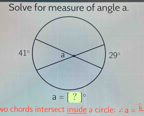 Solve for measure of angle a.
a=[?]^circ 
wo chords intersect inside a circle: ∠ a=frac 6