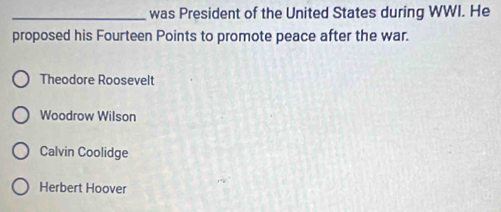 was President of the United States during WWI. He
proposed his Fourteen Points to promote peace after the war.
Theodore Roosevelt
Woodrow Wilson
Calvin Coolidge
Herbert Hoover