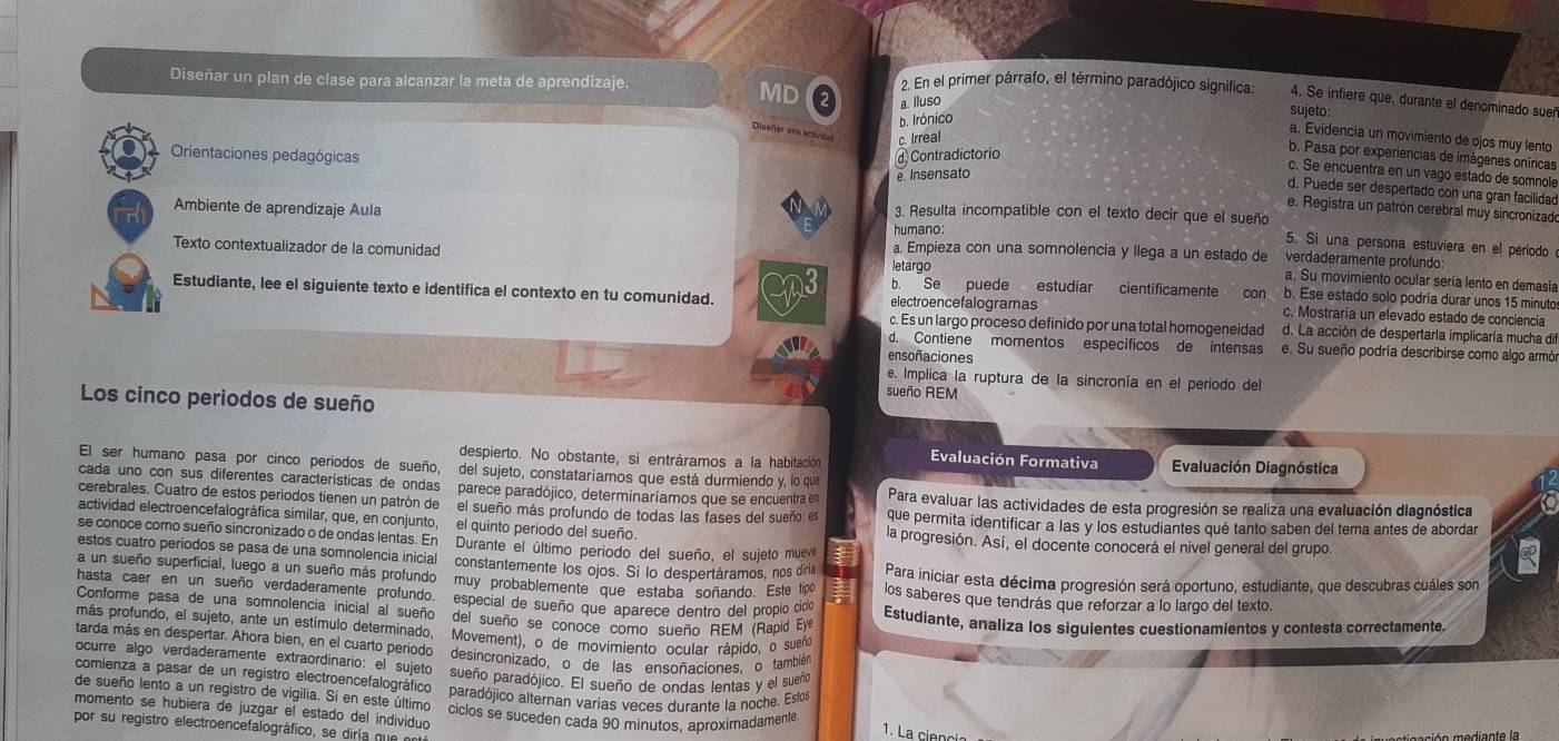 Diseñar un plan de clase para alcanzar la meta de aprendizaje. 2. En el primer párrafo, el término paradójico significa: 4. Se infiere que, durante el denominado sueñ
MD a. lluso sujeto:
b. Irónico
a. Evidencia un movimiento de ojos muy lento
Orientaciones pedagógicas Contradictorio
b. Pasa por experiencias de imágenes oníricas
Disañar una activióo c. Irreal c. Se encuentra en un vago estado de somnole
e. Insensato
d. Puede ser despertado con una gran facilidad
Ambiente de aprendizaje Aula
e. Registra un patrón cerebral muy sincronizadó
3. Resulta incompatible con el texto decir que el sueño
humano:
5. Si una persona estuviera en el periodo
Texto contextualizador de la comunidad letarqo
a. Empieza con una somnolencia y llega a un estado de verdäderämente profundo:
a. Su movimiento ocular sería lento en demasia
b. Se puede estudiar científicamente con b. Ese estado solo podría durar unos 15 minuto
Estudiante, lee el siguiente texto e identifica el contexto en tu comunidad. C3 electroencefalogramas d. La acción de despertaría implicaría mucha dif
c. Mostraria un elevado estado de conciencia
c. Es un largo proceso definido por una total homogeneidad
d. Contiene momentos específicos de intensas e. Su sueño podría describirse como algo armón
ensoñaciones
e. Implica la ruptura de la sincronía en el periodo del
Los cinco periodos de sueño
sueño REM
despierto. No obstante, si entráramos a la habitación  Evaluación Formativa Evaluación Diagnóstica
El ser humano pasa por cinco periodos de sueño, del sujeto, constatariamos que está durmiendo y, lo que
cada uno con sus diferentes características de ondas parece paradójico, determinaríamos que se encuentra en Para evaluar las actividades de esta progresión se realiza una evaluación diagnóstica
cerebrales. Cuatro de estos periodos tienen un patrón de el sueño más profundo de todas las fases del sueño: es que permita identificar a las y los estudiantes qué tanto saben del tema antes de abordar
actividad electroencefalográfica similar, que, en conjunto, el quinto periodo del sueño. la progresión. Así, el docente conocerá el nivel general del grupo.
se conoce como sueño sincronizado o de ondas lentas. En Durante el último periodo del sueño, el sujeto mueve
estos cuatro períodos se pasa de una somnolencia inicial constantemente los ojos. Si lo despertáramos, nos dira a Para iniciar esta décima progresión será oportuno, estudiante, que descubras cuáles son
a un sueño superficial, luego a un sueño más profundo muy probablemente que estaba soñando. Este tpo a los saberes que tendrás que reforzar a lo largo del texto.
hasta caer en un sueño verdaderamente profundo. especial de sueño que aparece dentro del propio ciclo Estudiante, analiza los siguientes cuestionamientos y contesta correctamente.
Conforme pasa de una somnolencia inicial al sueño del sueño se conoce como sueño REM (Rapid Eye
más profundo, el sujeto, ante un estímulo determinado, Movement), o de movimiento ocular rápido, o sueño
tarda más en despertar. Ahora bien, en el cuarto período desincronizado, o de las ensoñaciones,o tambiém
ocurre algo verdaderamente extraordinario: el sujeto sueño paradójico. El sueño de ondas lentas y el sueño
comienza a pasar de un registro electroencefalográfico paradójico alternan varias veces durante la noche. Estos
de sueño lento a un registro de vigilia. Si en este último
momento se hubiera de juzgar el estado del individuo ciclos se suceden cada 90 minutos, aproximadament
por su registro electroencefalográfico, se diría que en