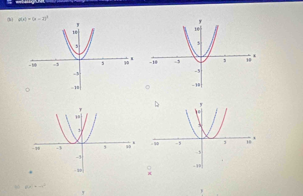 webassign.net/w eb/s 
(b) g(x)=(x-2)^2
g(x)=-x^2
y
y