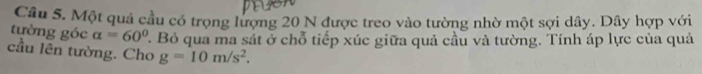 Một quả cầu có trọng lượng 20 N được treo vào tường nhờ một sợi dây. Dây hợp với 
tường góc alpha =60° ' Bỏ qua ma sát ở chỗ tiếp xúc giữa quả cầu và tường. Tính áp lực của quả 
cầu lên tường. Cho g=10m/s^2.