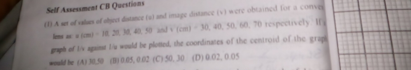 Self Assessment CB Questions
(1) A set of values of object distance (u) and image distance (v) were obtained for a conver
lens as=(cm)=10,20,30,40,50and+(cm)=30, 40, 50, 60, 70 respectively. If 
graph of I/v against I/u would be plotted, the coordinates of the centroid of the grapl
would be (A) 30,50 (B) 0.05, 0.02 (C) 50. 30 (D) 0.02, 0.05