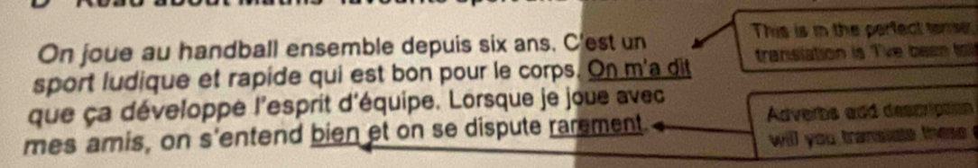 This is in the perfect temr 
On joue au handball ensemble depuis six ans. C'est un 
sport ludique et rapide qui est bon pour le corps. On m'a dit tranislation is Tve been f l 
que ça développe l'esprit d'équipe. Lorsque je joue avec 
mes amis, on s'entend bien et on se dispute rarement. Adverbs add descripton 
will you transiste these .