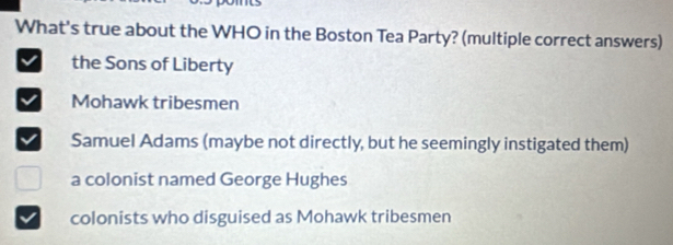 What's true about the WHO in the Boston Tea Party? (multiple correct answers)
the Sons of Liberty
Mohawk tribesmen
Samuel Adams (maybe not directly, but he seemingly instigated them)
a colonist named George Hughes
colonists who disguised as Mohawk tribesmen