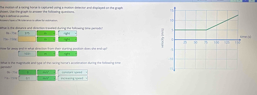 The motion of a racing horse is captured using a motion detector and displayed on the graph
shown. Use the graph to answer the following questions.
Right is defined as positive.
Answers have a 5% tolerance to allow for estimation. 
What is the distance and direction traveled during the following time periods?
0s-75s : 375 m right
75s-150s right 
How far away and in what direction from their starting position does she end up?
1031 m right 
What is the magnitude and type of the racing horse's acceleration during the following time
periods?
0s-75s; 0 m/s^2 constant speed
75s-150s 0.1 m/s^2 increasing speed