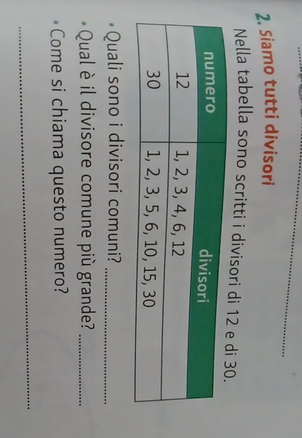 Siamo tutti divisori 
Nella tabella sono scritti i divisori di 
Quali sono i divisori comuni?_ 
Qual è il divisore comune più grande?_ 
Come si chiama questo numero? 
_