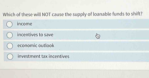 Which of these will NOT cause the supply of loanable funds to shift?
income
incentives to save
economic outlook
investment tax incentives