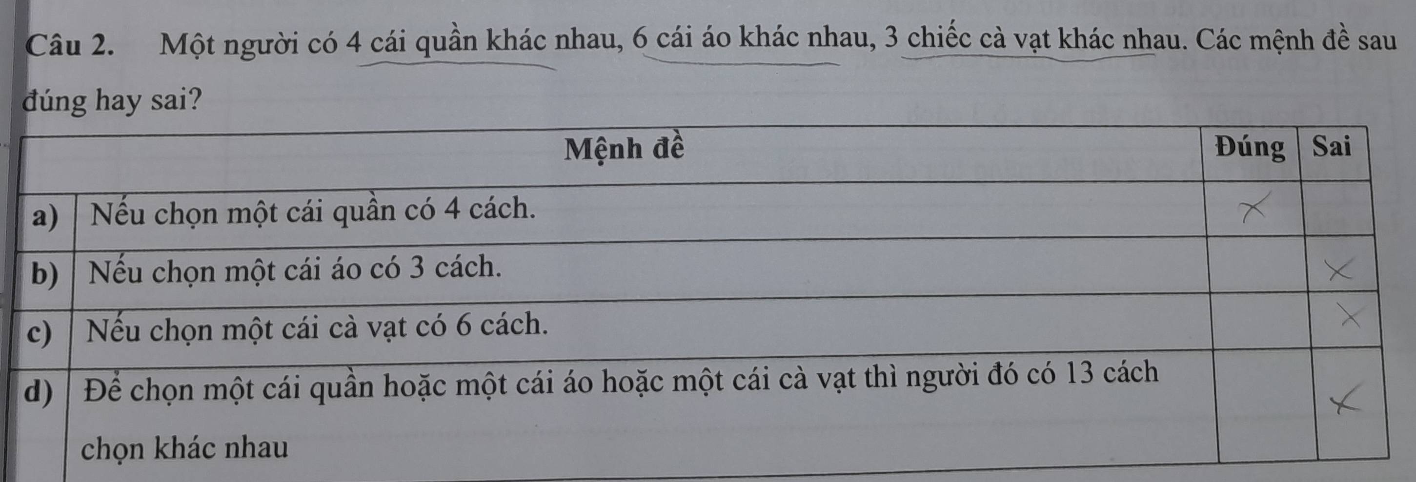 Một người có 4 cái quần khác nhau, 6 cái áo khác nhau, 3 chiếc cà vạt khác nhau. Các mệnh đề sau 
dúng hay sai?