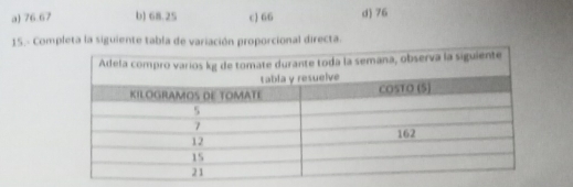 a) 76.67 b) 68.25 c 66 d) 76
15.- Completa la siguiente tabla de variación proporcional directa.