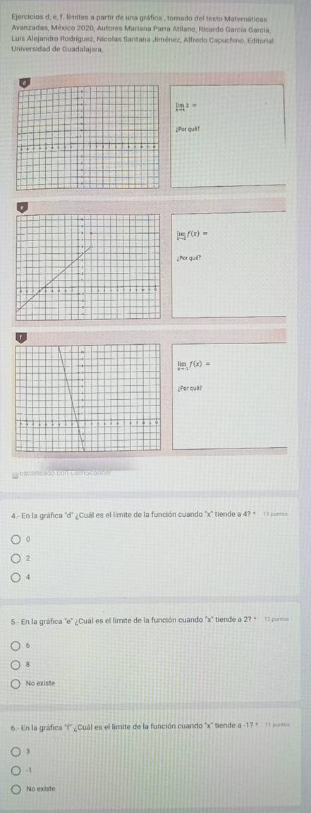 Ejercicios d, é, f. límites a partir de una gráfica , tomado del texto Matemáticas
Avanzadas, México 2020, Autores Mariana Parra Atilano, Ricardo García García,
Luis Alejandro Rodríguez, Nicolas Santana Jiménez, Alfredo Capuchino, Editorial
Universidad de Guadalajara,
limlimits _xto 42=
Por què
m_-2f(x)=
¿Por qué?
limlimits _xto -1f(x)=
¿Porquê?
ganacaneado con Ulmscanne
4.- En la gráfica "d' ¿Cuál es el límite de la función cuando "x" tiende a 4?^circ 
0
2
4
5.- En la gráfica ''e' * ¿Cuál es el límite de la función cuando "x" tiende a 2?^circ  12 puntos
6
8
No existe
6.- En la gráfica "f" ¿Cuál es el límite de la función cuando "x" tiende a-1? 11 puntas
3
-1
No existe