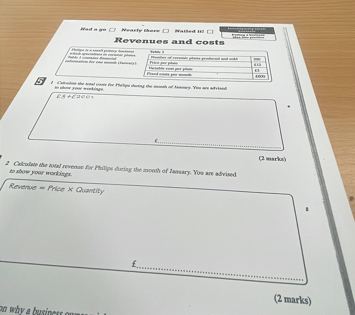 Had a go Nearly there Nailed it! Investigating small 
Putting a business ídea into practice 
Revenues and costs 
Philips is a small pottery business 
which specialises in ceramic plate 
Table 1 contains financial 
information for one month (Januar 
5 1 Calculate the total costs for Philips during the month of January. You are advised 
to show your workings.
£3+£200=
£
(2 marks) 
2 Calculate the total revenue for Philips during the month of January. You are advised 
to show your workings. 
Revenue = Price × Quantity 
£ 
(2 marks) 
on why a business o
