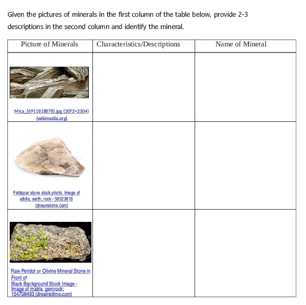 Given the pictures of minerals in the first column of the table below, provide 2-3
descriptions in the second column and identify the mineral.
F
R
Fr
B
Im
154708493 (dreams tim e.com)