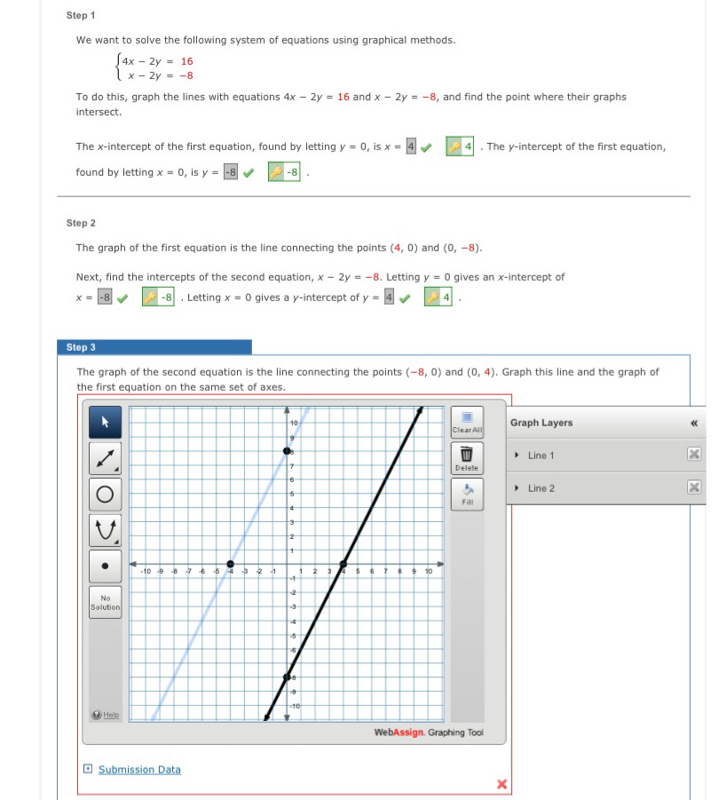 We want to solve the following system of equations using graphical methods.
beginarrayl 4x-2y=16 x-2y=-8endarray.
To do this, graph the lines with equations 4x-2y=16 and x-2y=-8 , and find the point where their graphs 
intersect. 
The x-intercept of the first equation, found by letting y=0 , is x=boxed 4 □ 4. The y-intercept of the first equation, 
found by letting x=0 , is y=-8 -8
Step 2 
The graph of the first equation is the line connecting the points (4,0) and (0,-8). 
Next, find the intercepts of the second equation, x-2y=-8 , Letting y=0 gives an x-intercept of
x=|- -8 , Letting x=0 gives a y-intercept of y=boxed 44
Step 3 
The graph of the second equation is the line connecting the points (-8,0) and (0,4). Graph this line and the graph of 
the first equation on the same set of axes. 
Graph Layers 
Cle ar All 
Line 1 
Delete 
Line 2 
Fill 
No 
Solutio 
Help 
ng Tool 
Submission Data