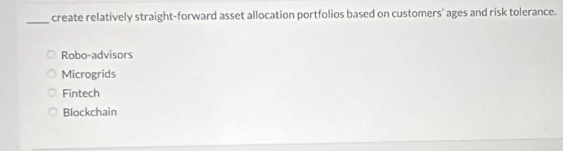 create relatively straight-forward asset allocation portfolios based on customers’ ages and risk tolerance.
Robo-advisors
Microgrids
Fintech
Blockchain