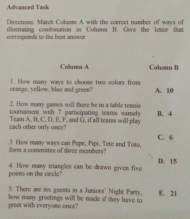 Solved: Advanced Task Directions: Match Column A with the correct ...