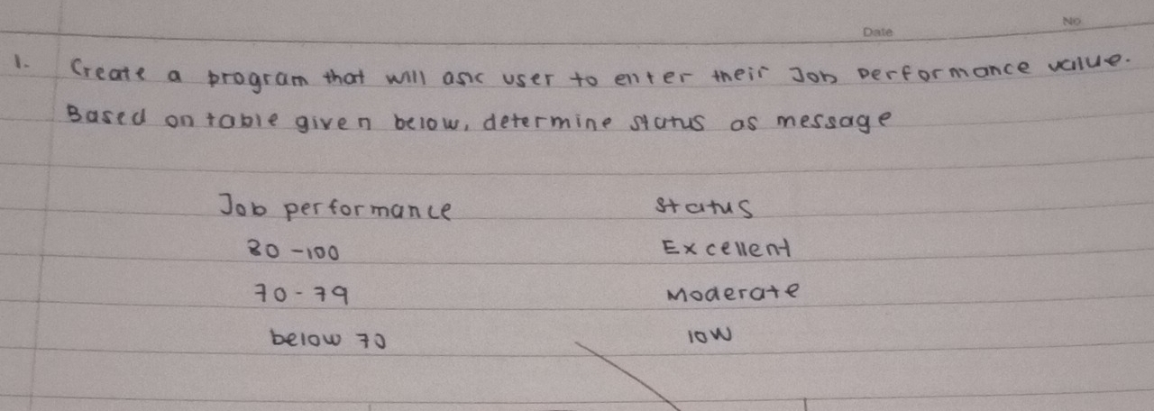 Create a program that will asic user to enter their Jon performonce value.
Based on table given below, determine status as message
Job performance status
80-100 Excellent
70-79 moderate
below 7o iow