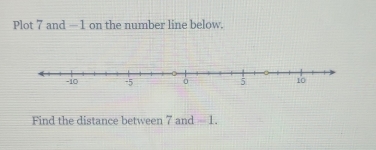 Plot 7 and -1 on the number line below. 
Find the distance between 7 and - 1.