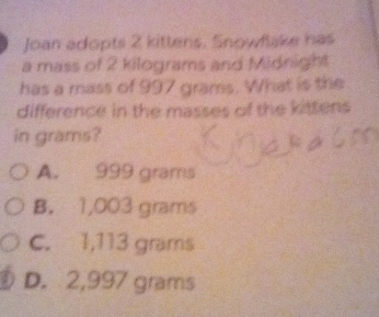 Joan adopts 2 kittens. Snowflake has
a mass of 2 kilograms and Midnight
has a mass of 997 grams. What is the
difference in the masses of the kittens
in grams?
A. 999 grams
B. 1,003 grams
C. 1,113 grams
D. 2,997 grams