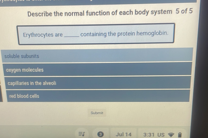 Describe the normal function of each body system 5 of 5
Erythrocytes are _containing the protein hemoglobin.
soluble subunits
oxygen molecules
capillaries in the alveoli
red blood cells
Submit
a Jul 14 3:31 US